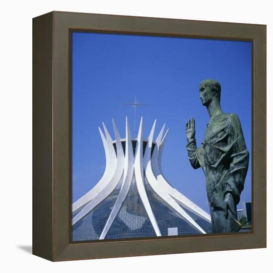 Statue before the Catedral Metropolitana, Brasilia, UNESCO World Heritage Site, Brazil-Geoff Renner-Framed Premier Image Canvas