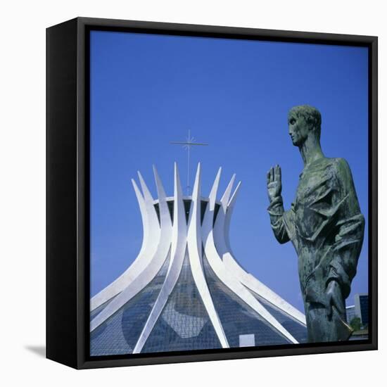 Statue before the Catedral Metropolitana, Brasilia, UNESCO World Heritage Site, Brazil-Geoff Renner-Framed Premier Image Canvas