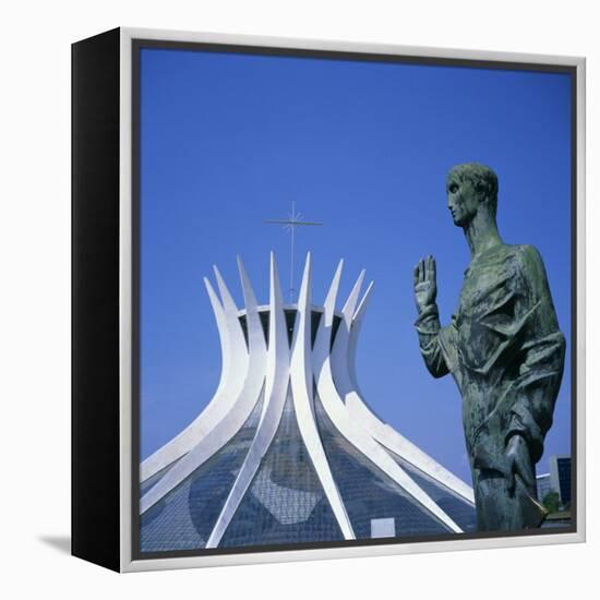 Statue before the Catedral Metropolitana, Brasilia, UNESCO World Heritage Site, Brazil-Geoff Renner-Framed Premier Image Canvas