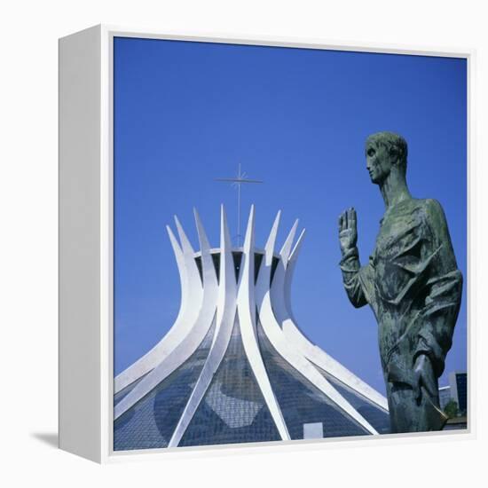 Statue before the Catedral Metropolitana, Brasilia, UNESCO World Heritage Site, Brazil-Geoff Renner-Framed Premier Image Canvas