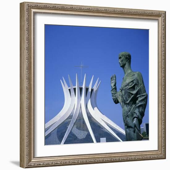 Statue before the Catedral Metropolitana, Brasilia, UNESCO World Heritage Site, Brazil-Geoff Renner-Framed Photographic Print