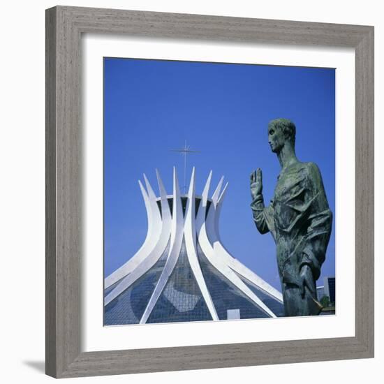 Statue before the Catedral Metropolitana, Brasilia, UNESCO World Heritage Site, Brazil-Geoff Renner-Framed Photographic Print