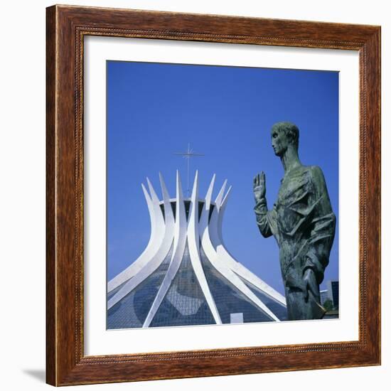 Statue before the Catedral Metropolitana, Brasilia, UNESCO World Heritage Site, Brazil-Geoff Renner-Framed Photographic Print