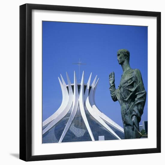 Statue before the Catedral Metropolitana, Brasilia, UNESCO World Heritage Site, Brazil-Geoff Renner-Framed Photographic Print