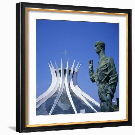 Statue before the Catedral Metropolitana, Brasilia, UNESCO World Heritage Site, Brazil-Geoff Renner-Framed Photographic Print