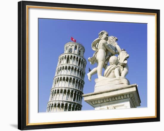 Statue in Front of the Leaning Tower of Pisa, Campo Dei Miracoli, Pisa, Tuscany, Italy-Bruno Morandi-Framed Photographic Print