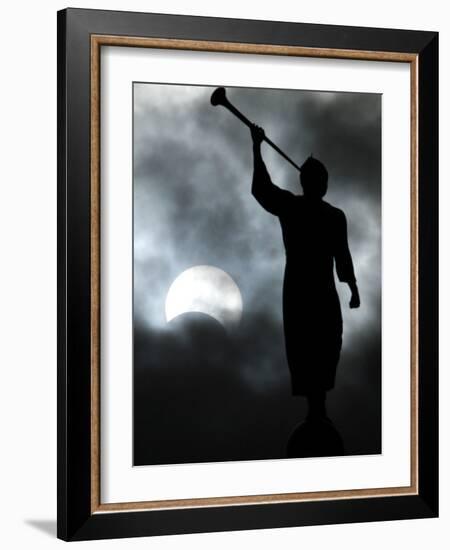 Statue is Seen Against a Cloudy Sky and a Partial Solar Eclipse in Bogota, Colombia-null-Framed Photographic Print