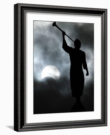 Statue is Seen Against a Cloudy Sky and a Partial Solar Eclipse in Bogota, Colombia-null-Framed Photographic Print