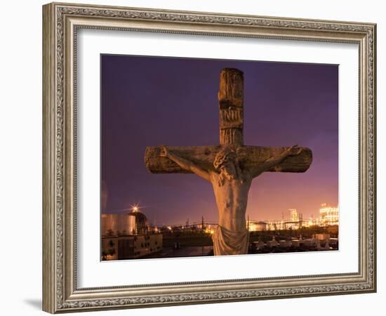Statue, Jesus Christ in Holy Rosary Cemetery Near Petrochemical Plant, Baton Rouge, Louisiana, Usa-Paul Souders-Framed Photographic Print