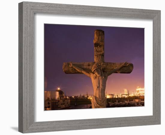 Statue, Jesus Christ in Holy Rosary Cemetery Near Petrochemical Plant, Baton Rouge, Louisiana, Usa-Paul Souders-Framed Photographic Print