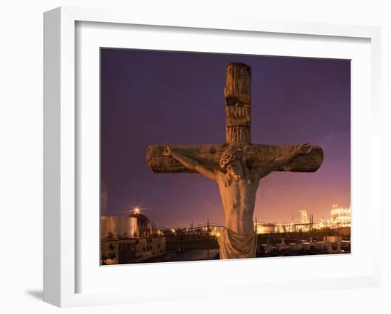 Statue, Jesus Christ in Holy Rosary Cemetery Near Petrochemical Plant, Baton Rouge, Louisiana, Usa-Paul Souders-Framed Photographic Print