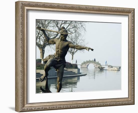 Statue of a Spear Fisherman in the Waters of West Lake, Hangzhou, Zhejiang Province, China-Kober Christian-Framed Photographic Print