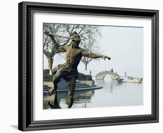 Statue of a Spear Fisherman in the Waters of West Lake, Hangzhou, Zhejiang Province, China-Kober Christian-Framed Photographic Print