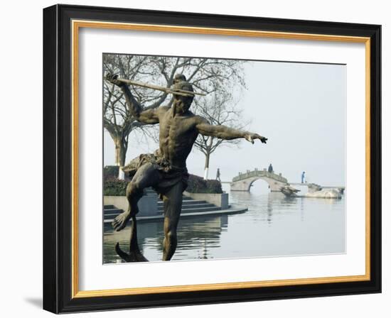 Statue of a Spear Fisherman in the Waters of West Lake, Hangzhou, Zhejiang Province, China-Kober Christian-Framed Photographic Print