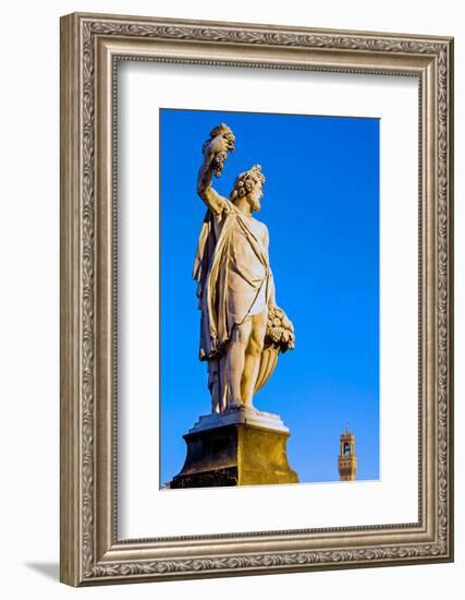 Statue of Autumn, Ponte Santa Trinita, Florence (Firenze), Tower of Palazzo Vecchio, Tuscany-Nico Tondini-Framed Photographic Print