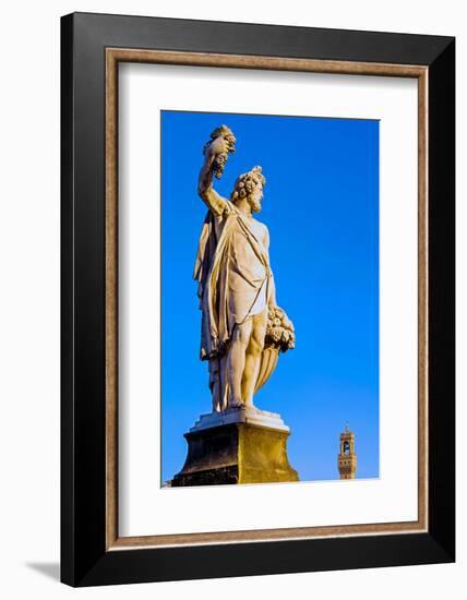 Statue of Autumn, Ponte Santa Trinita, Florence (Firenze), Tower of Palazzo Vecchio, Tuscany-Nico Tondini-Framed Photographic Print