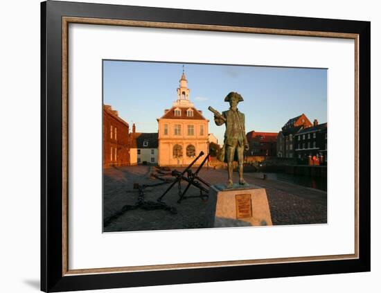 Statue of Captain Vancouver at Dusk on the Purfleet Quay, Kings Lynn, Norfolk-Peter Thompson-Framed Photographic Print