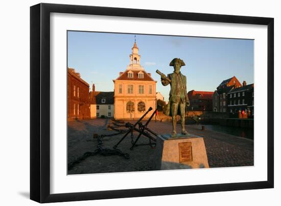 Statue of Captain Vancouver at Dusk on the Purfleet Quay, Kings Lynn, Norfolk-Peter Thompson-Framed Photographic Print