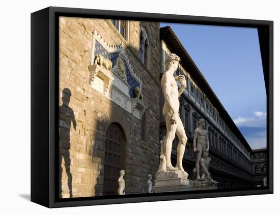 Statue of David with Shadow, Ufizzi in Background, Piazza Della Signoria, Florence, Tuscany, Italy-Martin Child-Framed Premier Image Canvas