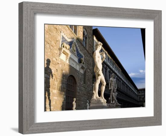 Statue of David with Shadow, Ufizzi in Background, Piazza Della Signoria, Florence, Tuscany, Italy-Martin Child-Framed Photographic Print