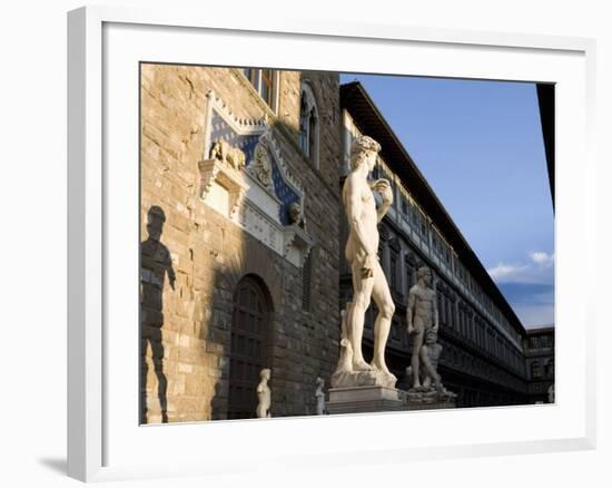 Statue of David with Shadow, Ufizzi in Background, Piazza Della Signoria, Florence, Tuscany, Italy-Martin Child-Framed Photographic Print