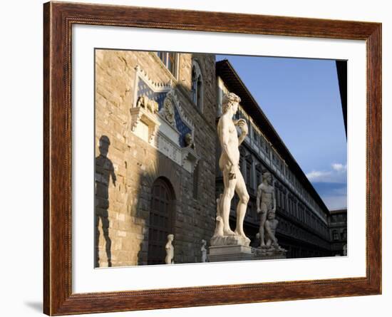 Statue of David with Shadow, Ufizzi in Background, Piazza Della Signoria, Florence, Tuscany, Italy-Martin Child-Framed Photographic Print