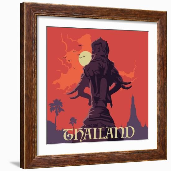 Statue of Elephants in Bangkok City. Sunset Urban Panorama. Warm Palette. Vintage Poster. Old-Fashi-Anton V Tokarev-Framed Premium Giclee Print