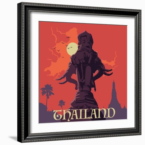 Statue of Elephants in Bangkok City. Sunset Urban Panorama. Warm Palette. Vintage Poster. Old-Fashi-Anton V Tokarev-Framed Premium Giclee Print