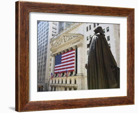 Statue of George Washington in Front of the Federal Building and the New York Stock Exchange-Amanda Hall-Framed Photographic Print