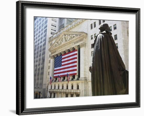 Statue of George Washington in Front of the Federal Building and the New York Stock Exchange-Amanda Hall-Framed Photographic Print