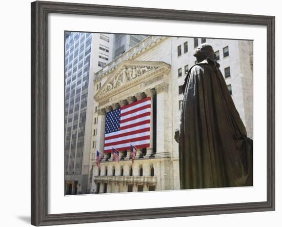 Statue of George Washington in Front of the Federal Building and the New York Stock Exchange-Amanda Hall-Framed Photographic Print