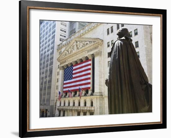 Statue of George Washington in Front of the Federal Building and the New York Stock Exchange-Amanda Hall-Framed Photographic Print