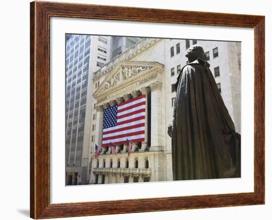 Statue of George Washington in Front of the Federal Building and the New York Stock Exchange-Amanda Hall-Framed Photographic Print