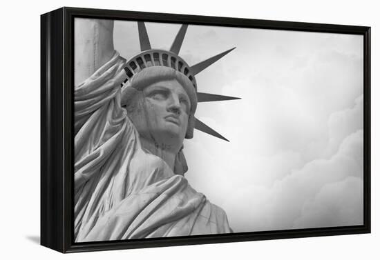 Statue Of Liberty Against Rain Clouds In Black And White-Steve Collender-Framed Stretched Canvas