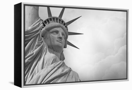 Statue Of Liberty Against Rain Clouds In Black And White-Steve Collender-Framed Stretched Canvas