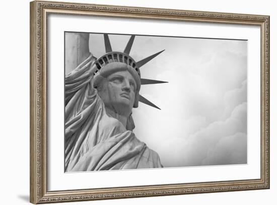 Statue Of Liberty Against Rain Clouds In Black And White-Steve Collender-Framed Art Print