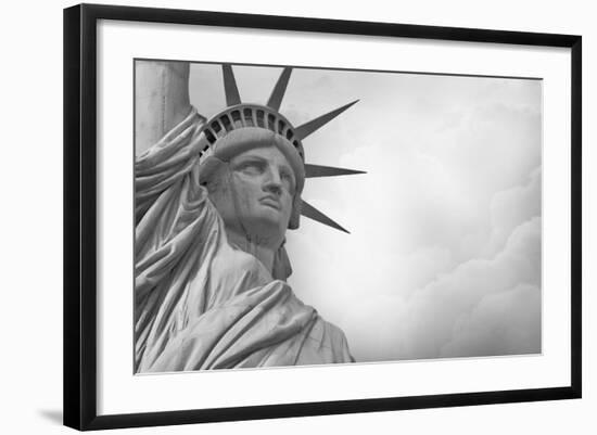 Statue Of Liberty Against Rain Clouds In Black And White-Steve Collender-Framed Art Print