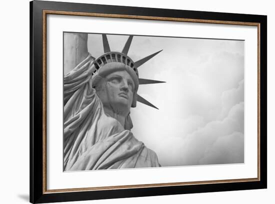 Statue Of Liberty Against Rain Clouds In Black And White-Steve Collender-Framed Art Print