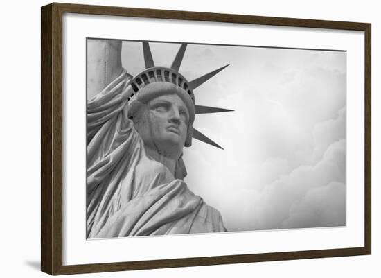 Statue Of Liberty Against Rain Clouds In Black And White-Steve Collender-Framed Art Print