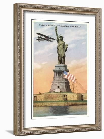 Statue of Liberty with Biplane, New York City-null-Framed Premium Giclee Print