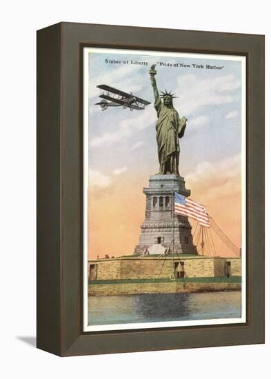 Statue of Liberty with Biplane, New York City-null-Framed Stretched Canvas