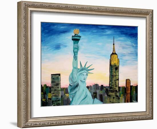 Statue of Liberty with view of NEW YORK-Martina Bleichner-Framed Art Print