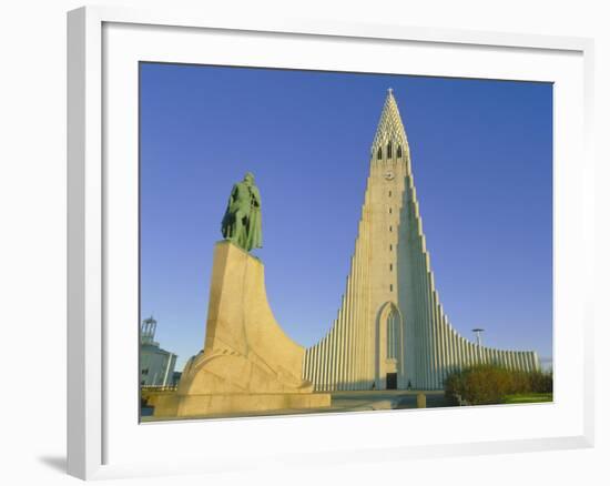 Statue of Liefur Eiriksson and the Hallgrimskikja Church, Reykjavik, Iceland, Polar Regions-Simon Harris-Framed Photographic Print