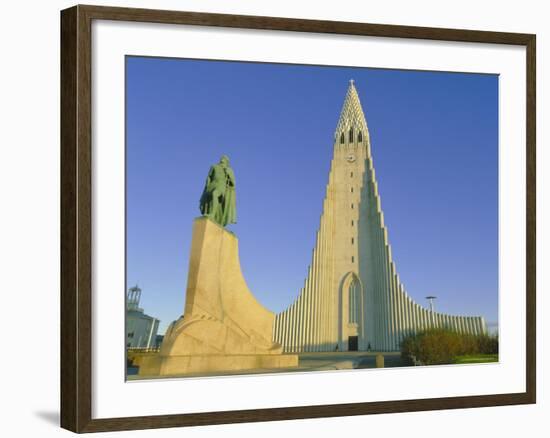 Statue of Liefur Eiriksson and the Hallgrimskikja Church, Reykjavik, Iceland, Polar Regions-Simon Harris-Framed Photographic Print