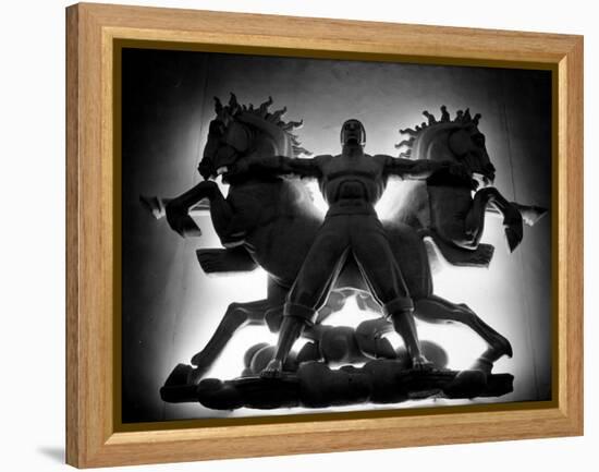 Statue of Man and Horses Being Lit from Behind at the New York World's Fair-David Scherman-Framed Premier Image Canvas
