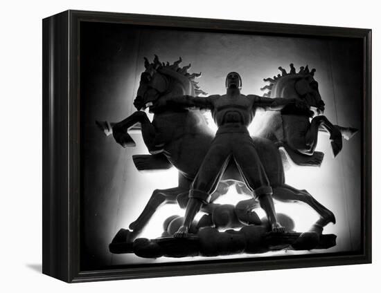 Statue of Man and Horses Being Lit from Behind at the New York World's Fair-David Scherman-Framed Premier Image Canvas