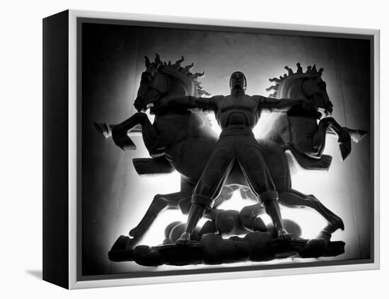 Statue of Man and Horses Being Lit from Behind at the New York World's Fair-David Scherman-Framed Premier Image Canvas