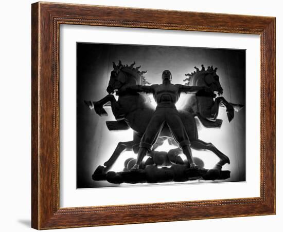 Statue of Man and Horses Being Lit from Behind at the New York World's Fair-David Scherman-Framed Photographic Print