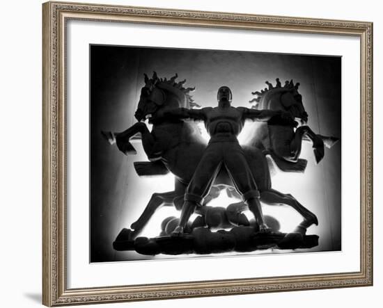 Statue of Man and Horses Being Lit from Behind at the New York World's Fair-David Scherman-Framed Photographic Print