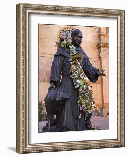 Statue of St. Francis of Assisi, St. Francis Cathedral, City of Santa Fe, New Mexico, USA-Richard Cummins-Framed Photographic Print